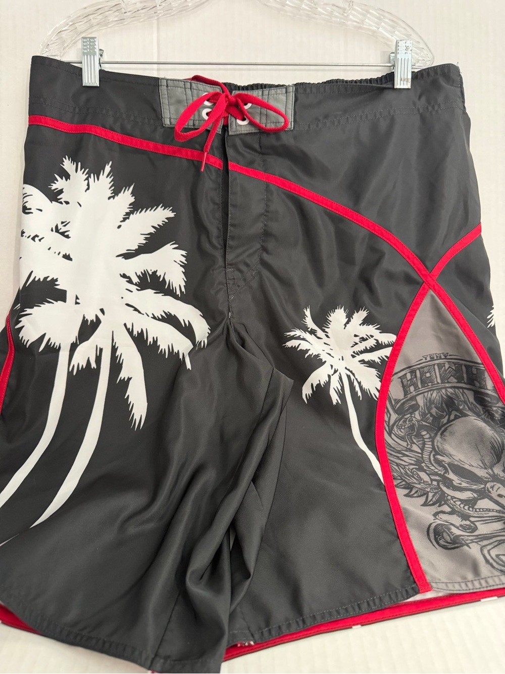 Hawke Black Swim Trunks with White Palm Print and Red Trim